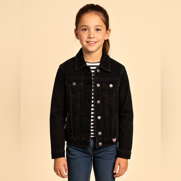 GUESS Girls Black Denim Trucker Jacket – Size M – Button-Up - Picture 8 of 9